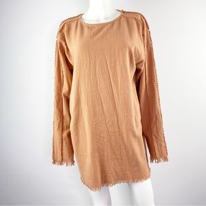 NEW AYA Sacred Wear Pale Orange Long Sleeve Boho Fringe Tunic Top Size L